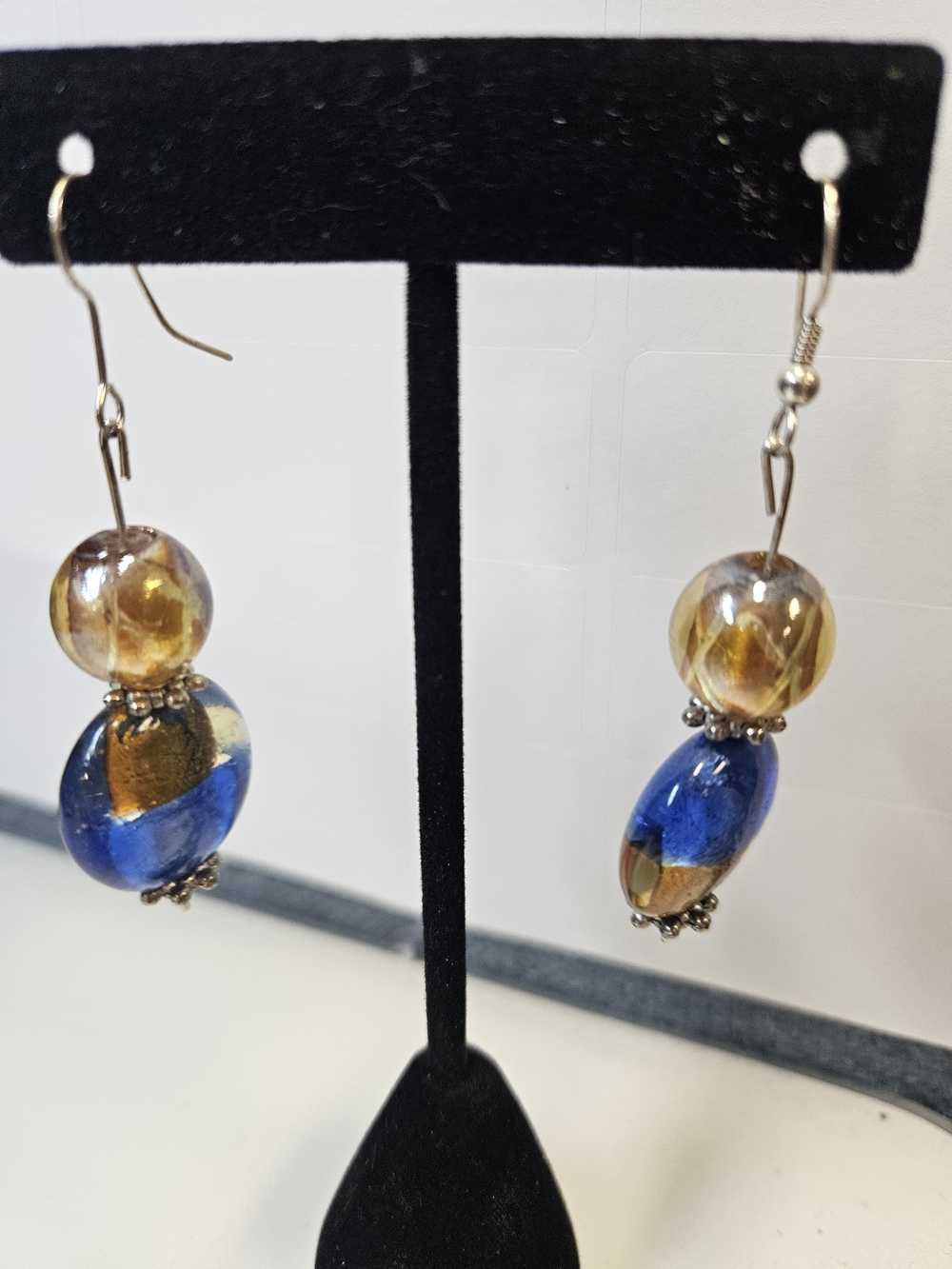 Blue and Gold Glass Bead Dangle Earrings